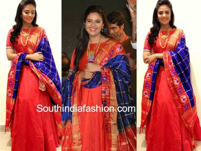 Sreemukhi in anarkali with ikat dupatta