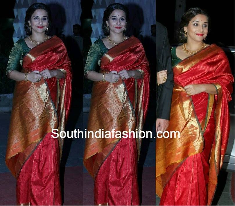 Vidya in red saree and green blouse