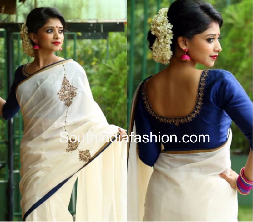 White saree and blue blouse