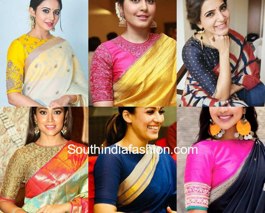 Simple High Neck Elbow Sleeves Blouse Designs – South India Fashion