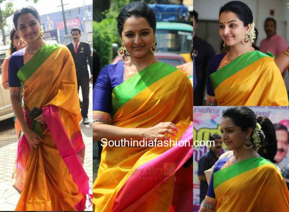 manju warrier yellow silk saree bhavana naveen wedding manju warrier silk saree bhavana wedding