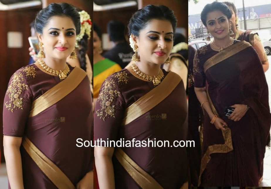 remya nambeesan in brown saree at actress Bhavana wedding