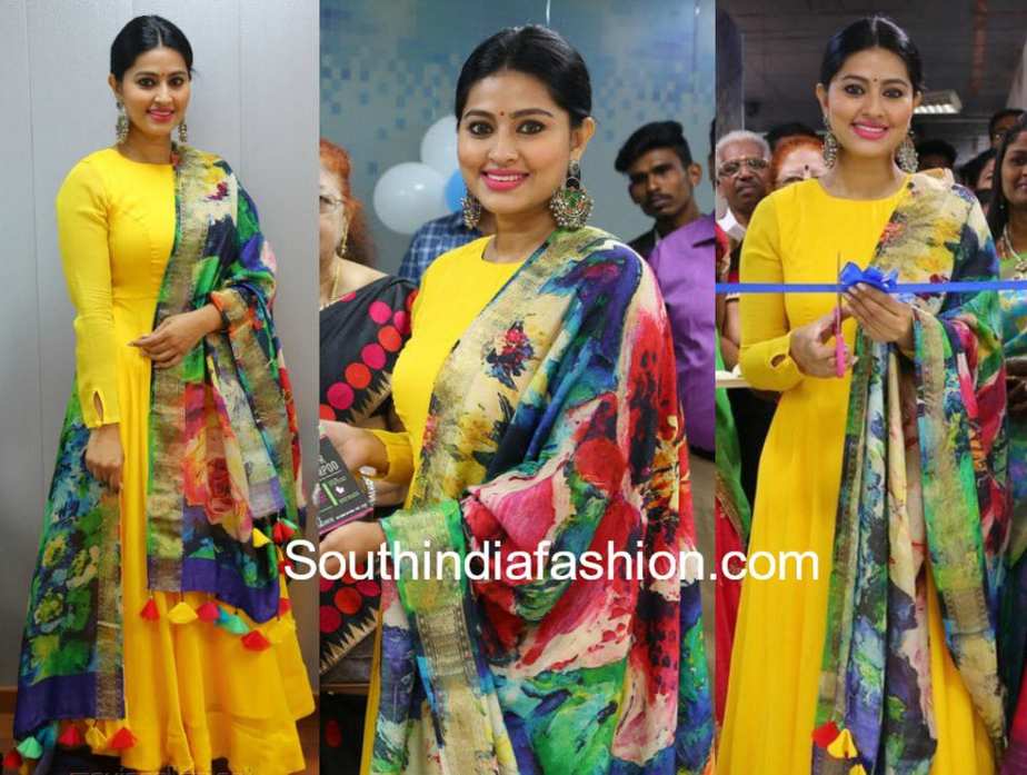 sneha prasanna yellow anarkali printed dupatta at vcare clinic launch