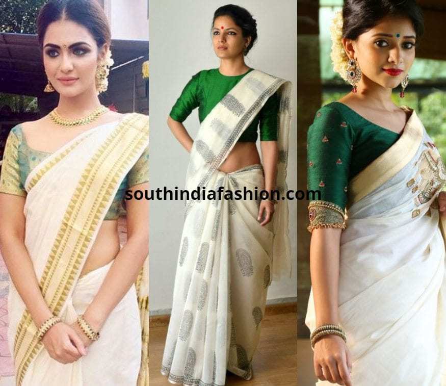 white saree with navy blue blouse