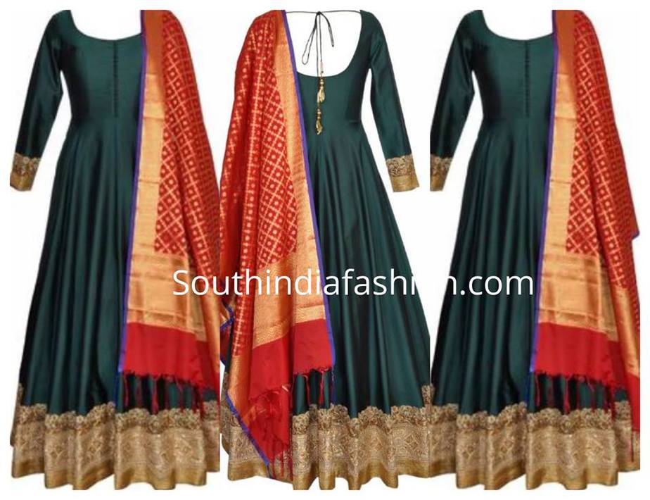 Bottle green anarkali and red duppata