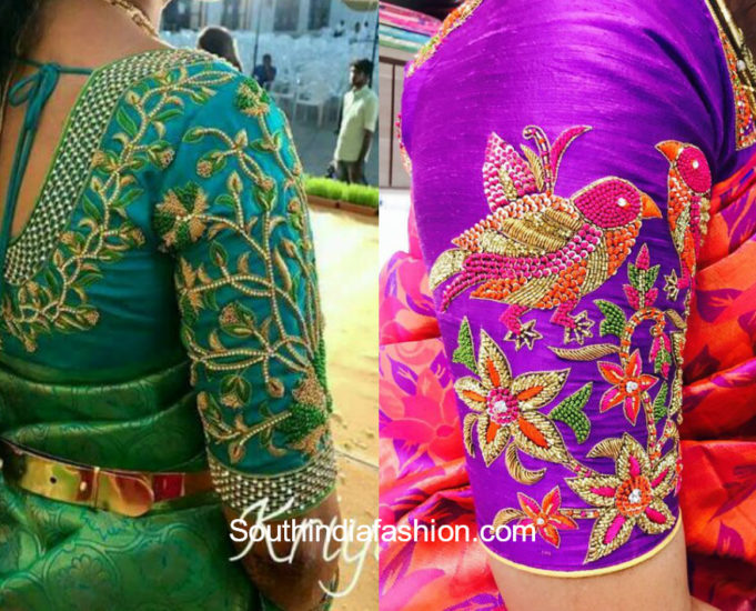 Elbow Sleeves Embroidery Blouse Designs for Kanchipuram Silk Sarees