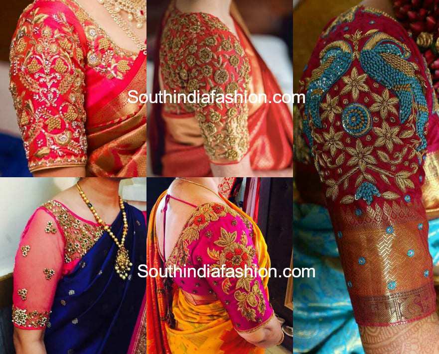 Elbow Sleeves Embroidery Blouse Designs for Kanchipuram Silk Sarees