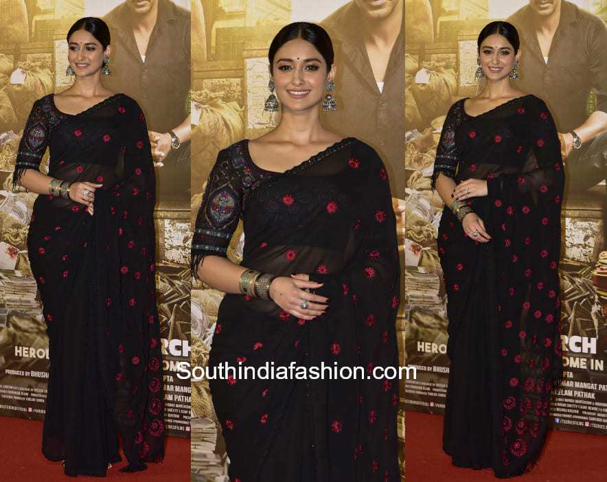 Ileana D Cruz in a saree at Raid Trailer Launch