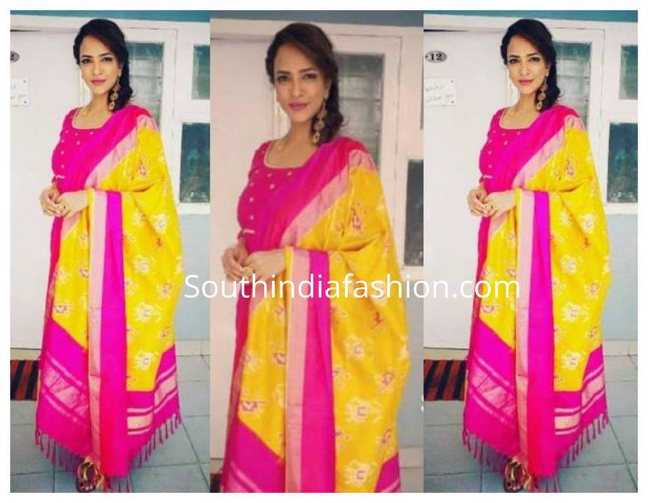 Pink anarkali and yellow dupatta