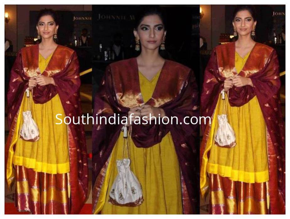 Yellow anarkali and maroon dupatta