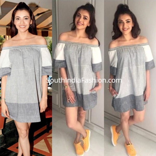 kajal-in-grey-off-shoulder-dress