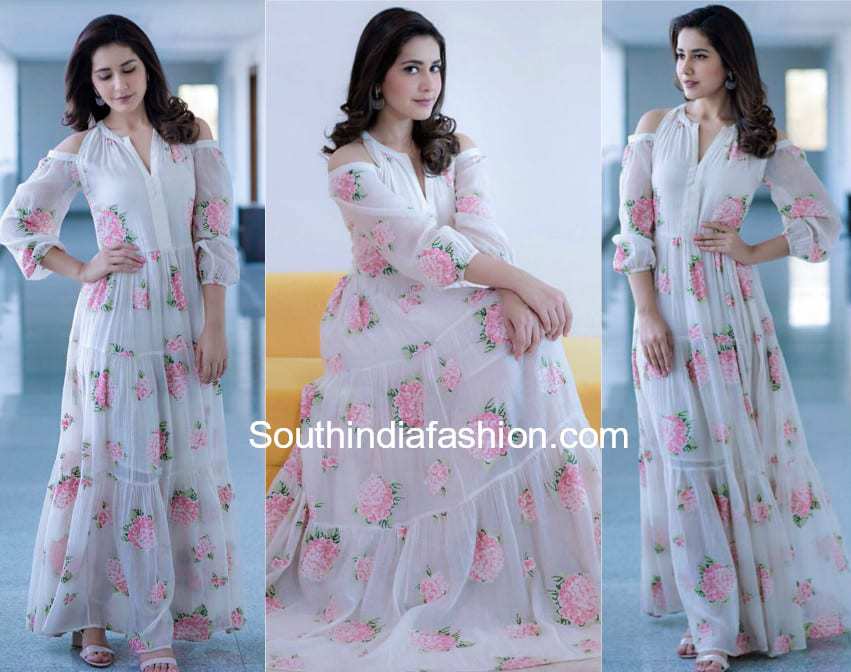 raashi khanna in a white cold shoulder maxi dress