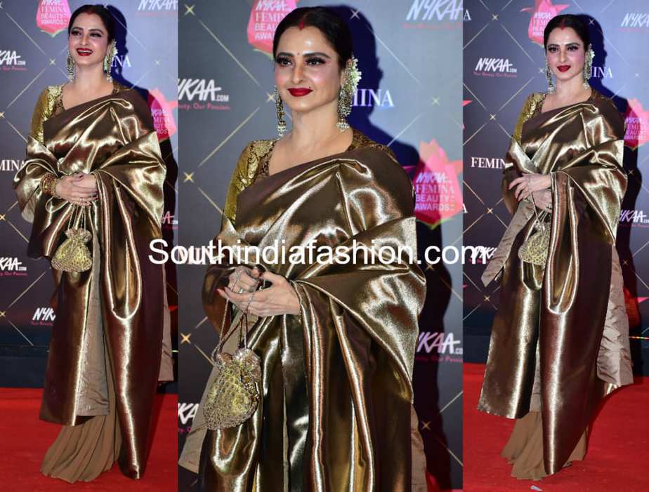 rekha in gold kanjeevaram saree at femina beauty awards 2018