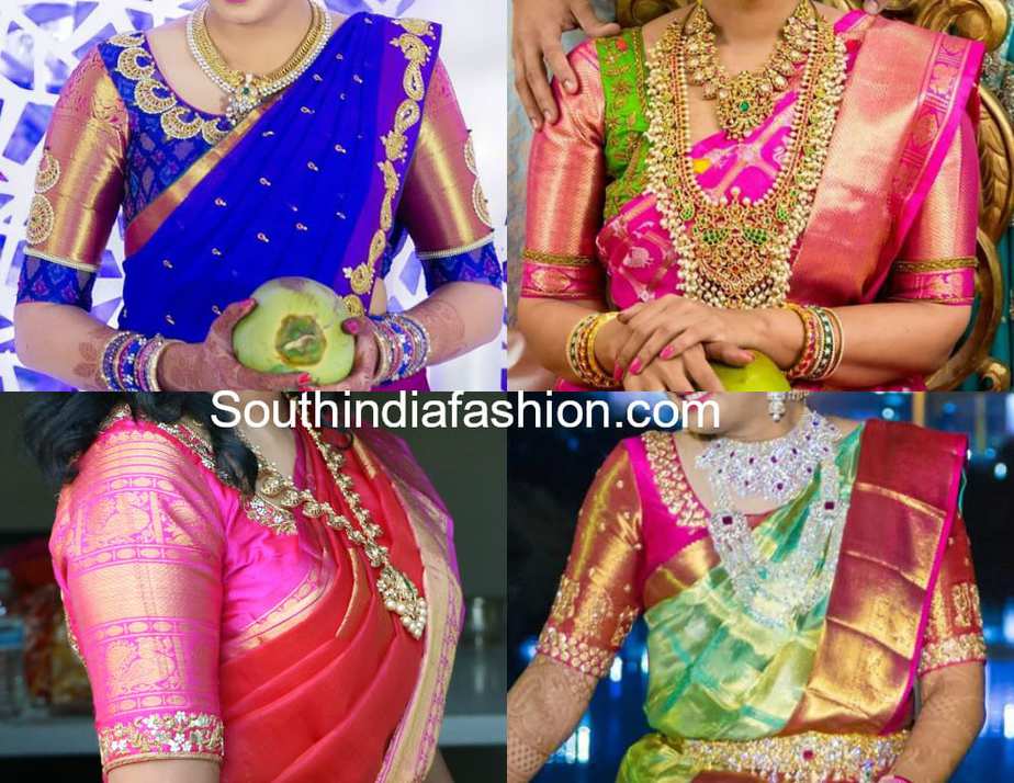 big border elbow length sleeves pattu saree blouse designs