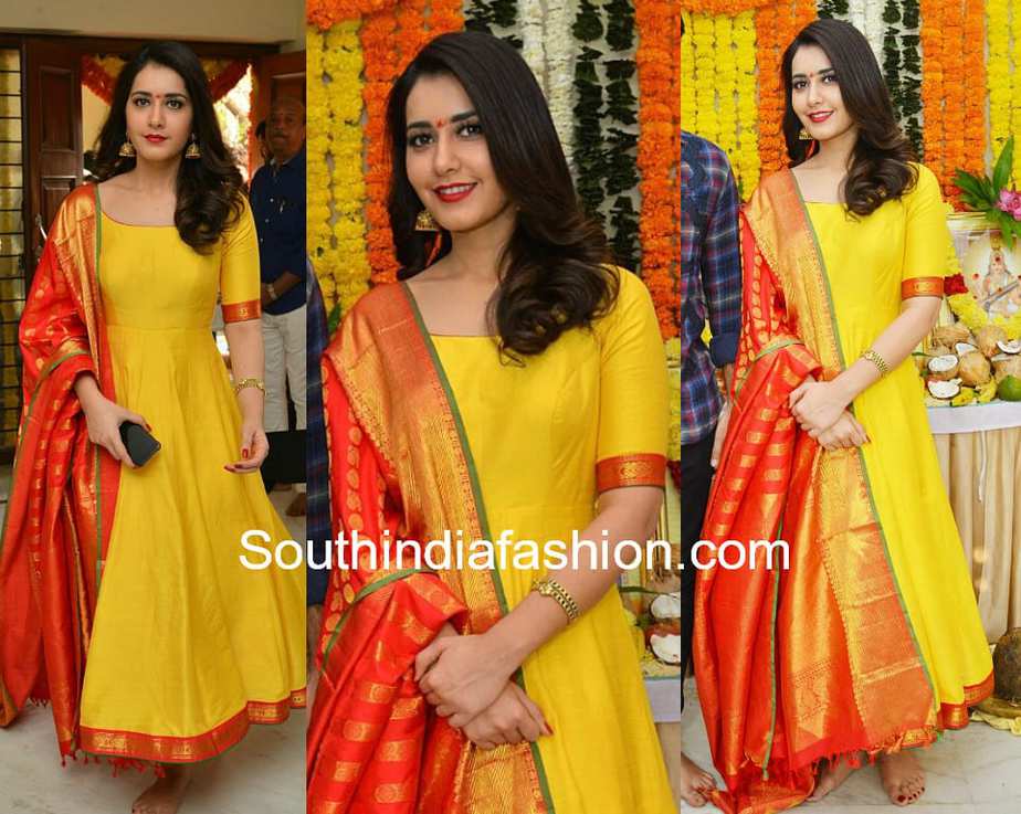 raashi khanna yellow anarkali kanjeevaram dupatta