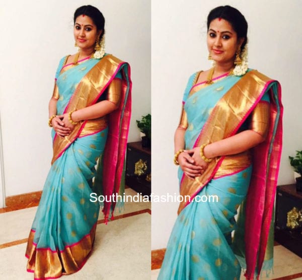 sneha parasanna in blue organza kanjivaram saree