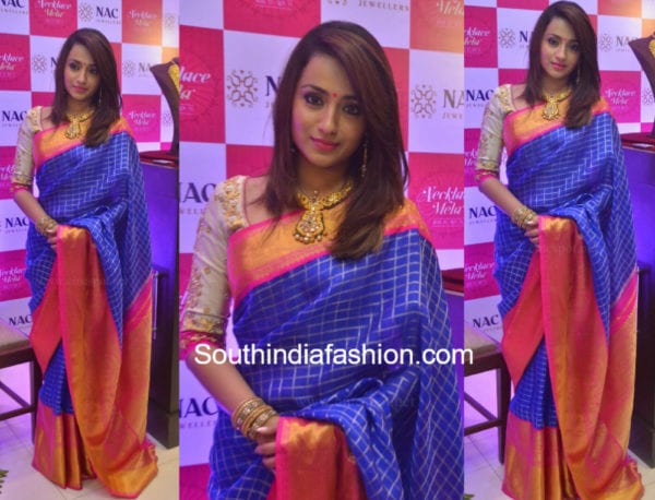 trisha krishnan n blue kanchi organza saree