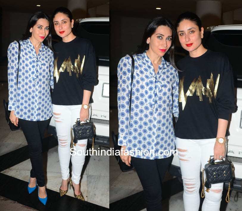 Karishma Kapoor and Kareena Kapoor in western wear at Manish Malhotra's home