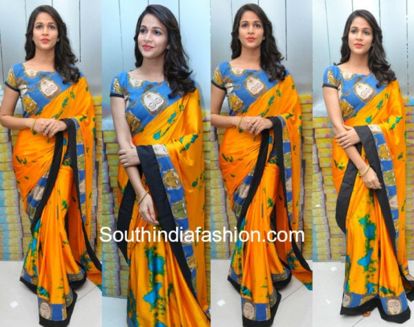 [Image: lavanya-tripathi-orange-kalamkari-saree-600x474.jpg]