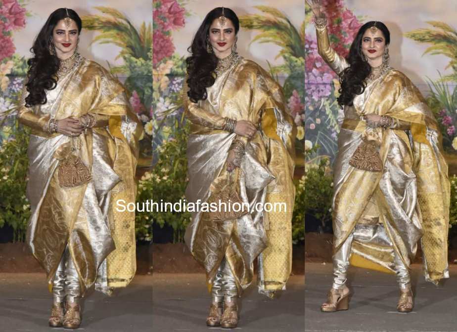 Rekha in kanjeevaram saree with pants at sonam kapoor wedding reception