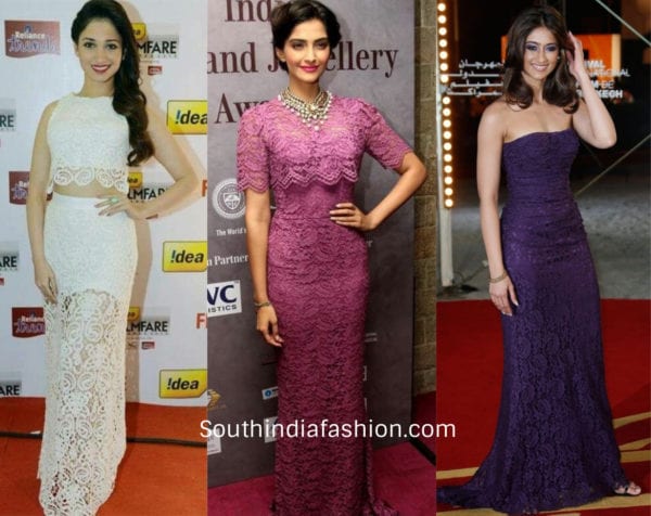 actresses wearing lace outfits