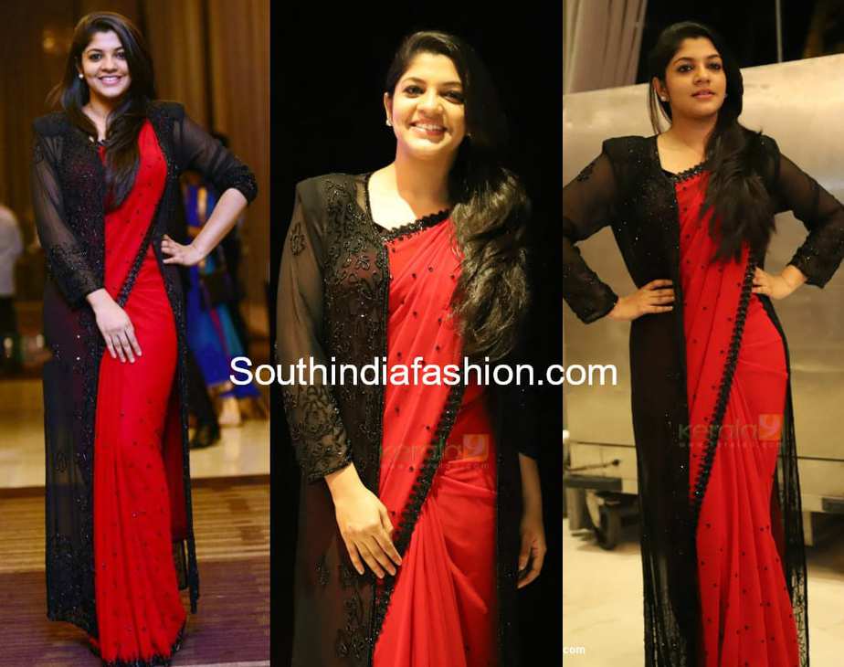 aparna balamurali red saree with black jacket