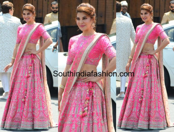 jacqueline fernandez in anita dongre pink lehenga at sonam kapoor wedding