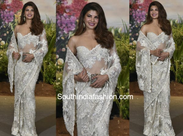 jacqueline fernandez white saree at sonam kapoor wedding reception