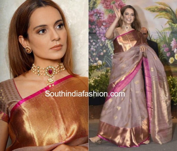 kangana ranaut silk saree at sonam kapoor wedding reception