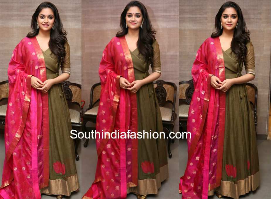 keerthy suresh green anarkali pink dupatta