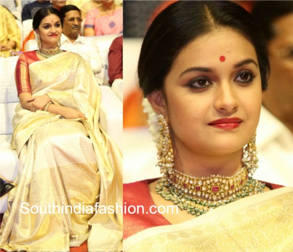 keerthy suresh in gaurang shah kanjeevaram saree at mahanati audio launch