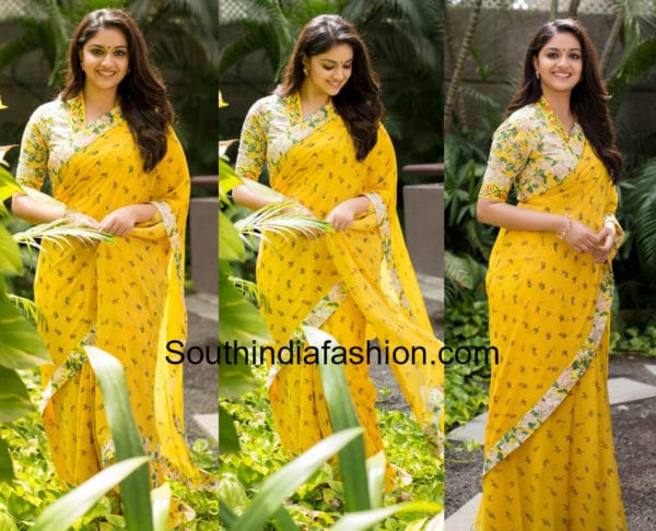 keerthy suresh in yellow saree for mahanati promotions