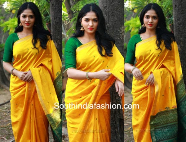 sunaina yellow saree at kaali press meet