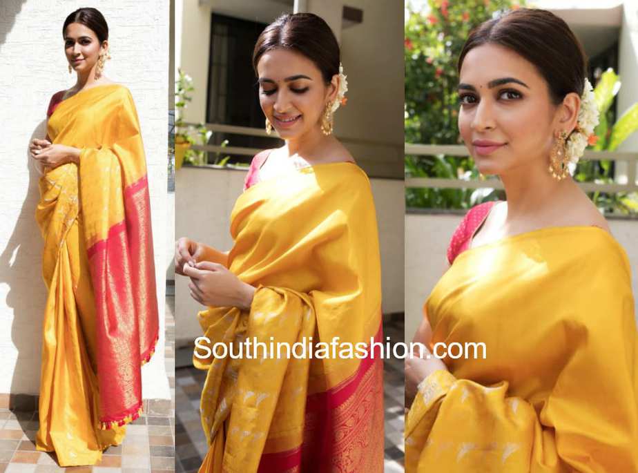 kriti kharbanda yellow pattu saree