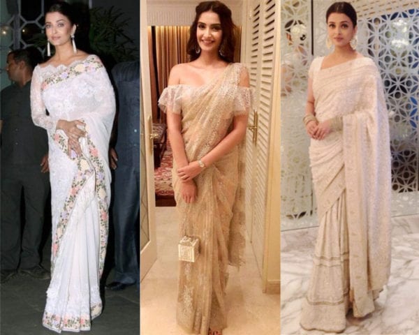 actresses wearing lace saree