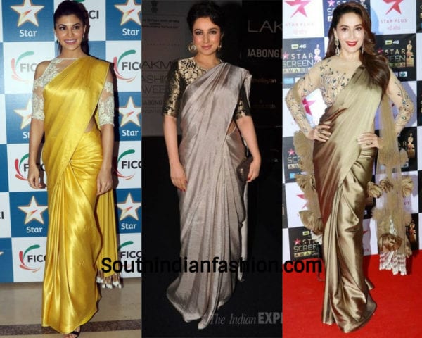 actresses wearing satin saree