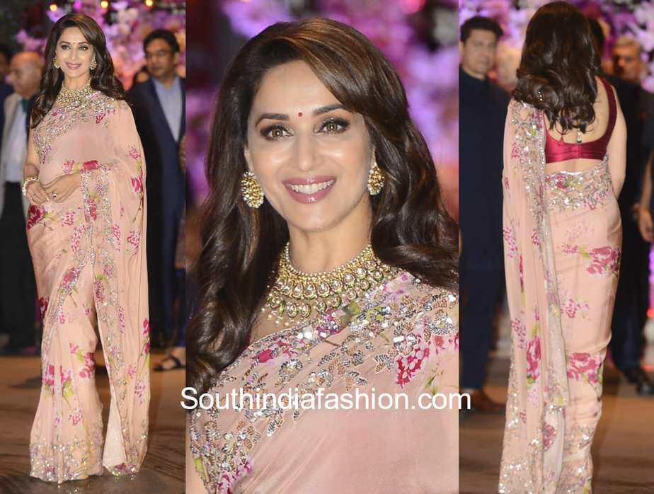 Madhuri dixit peach saree at akash ambani engagement