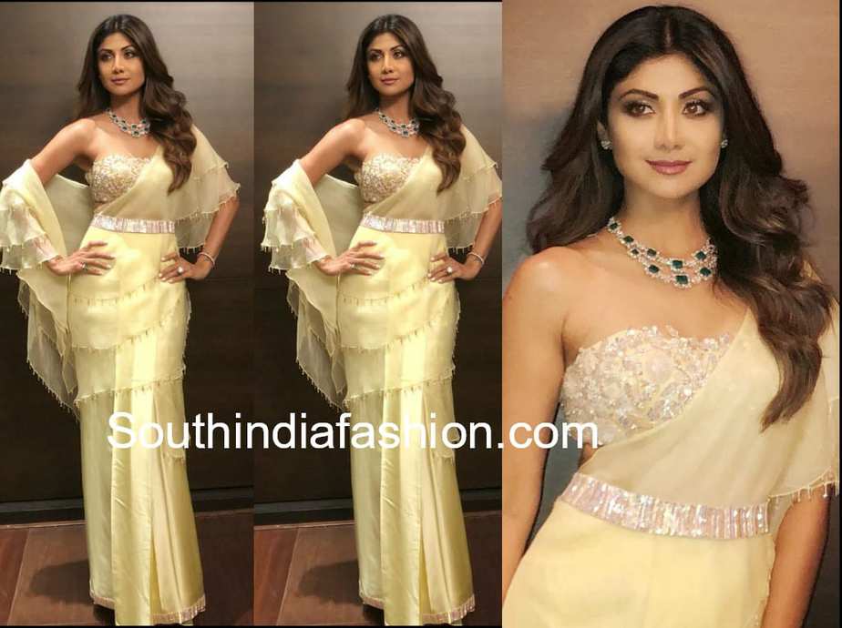 shilpa shetty in manish malhotra saree gown poorna patel sangeet