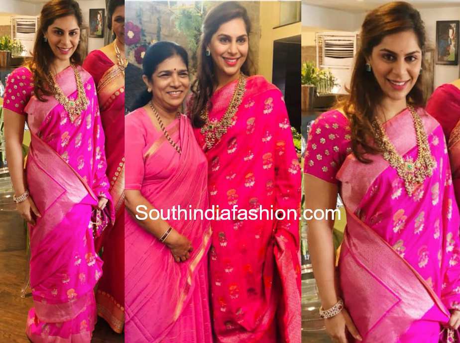 upasana kamineni konidela in pink banarasi silk saree