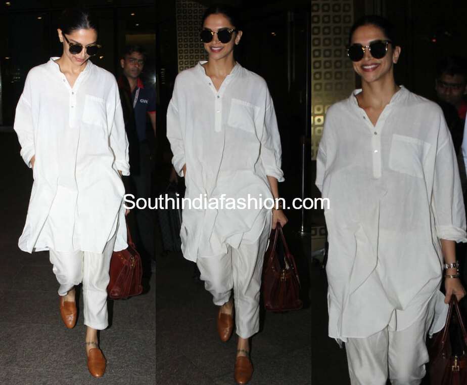 deepika padukone airport look white kurti and pants