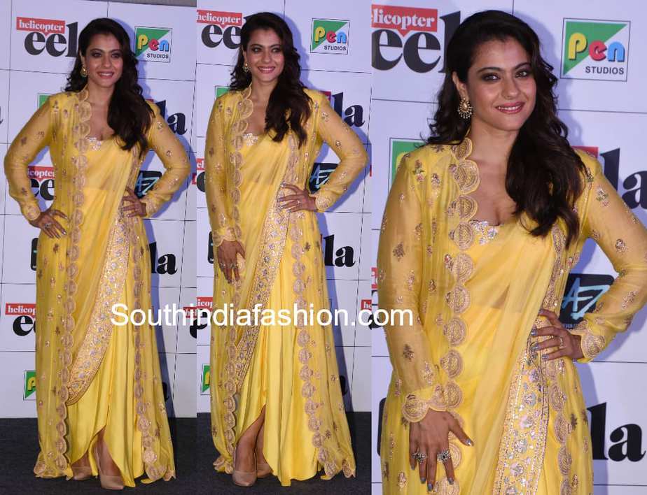 kajol anamika khanna yellow jacket saree at helicopter eela trailer launch