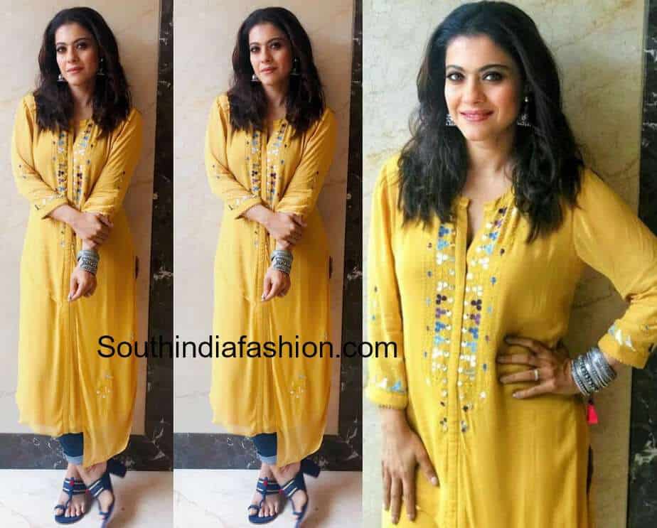 kajol in yellow kurta for helicopter eela promotions