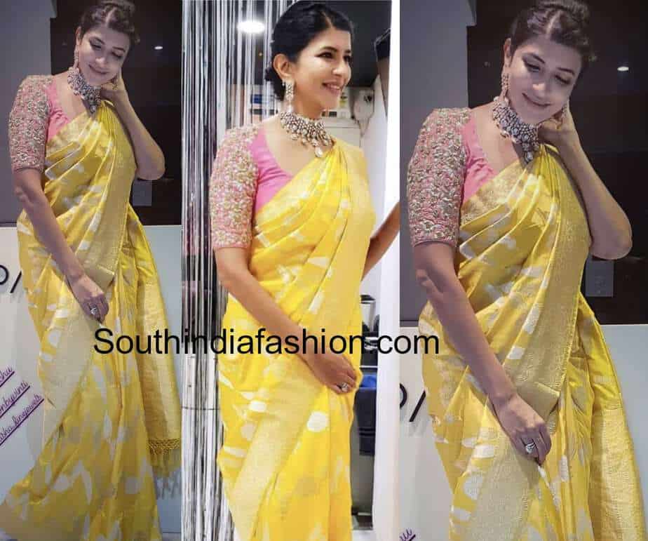 lakshmi manchu yellow banaras silk saree