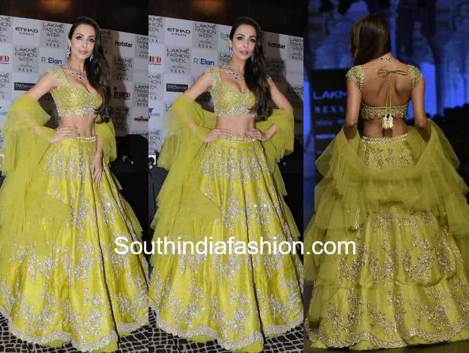 malaika arora in green lehenga by anushree reddy at lakme fashion week