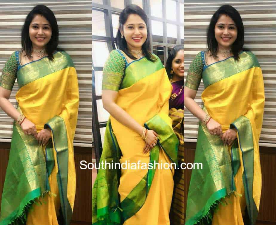 priya atlee yellow pattu saree varalaxmi vratam