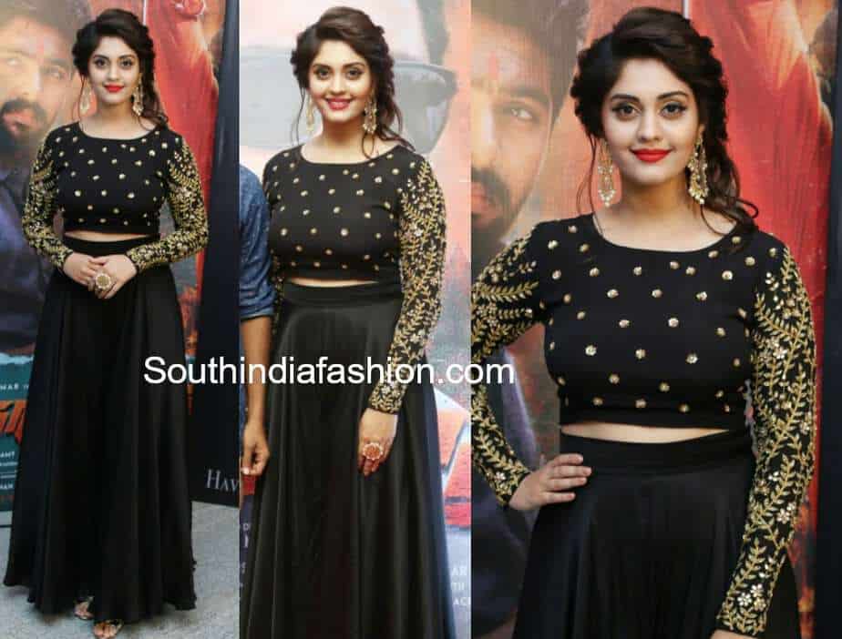 surbhi black long skirt crop top andagathey audio launch