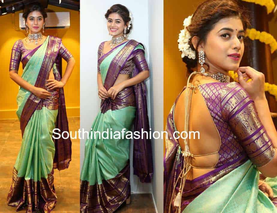 yamini bhaskar in mint green kanjeevaram saree at mugdha store launch