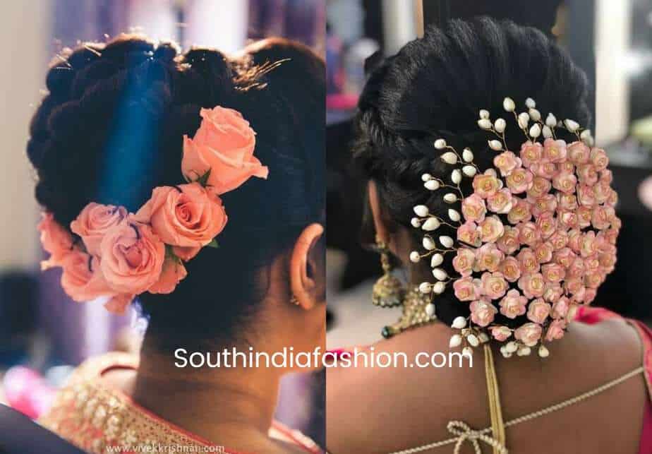 indian bun hairstyles with rose flowers 