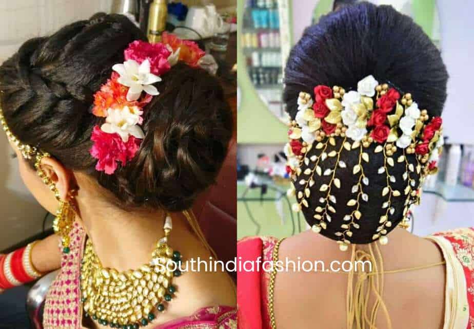 indian wedding bun hairstyle with flowers and gajra!