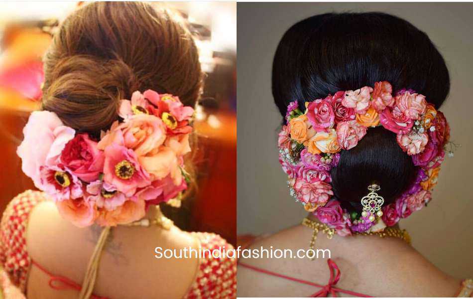 indian wedding bun hairstyle with flowers and gajra!